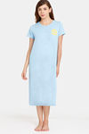 Rosaline Geo Blooms Knit Cotton Mid Length Nightdress - Airy Blue — thumbnail 1